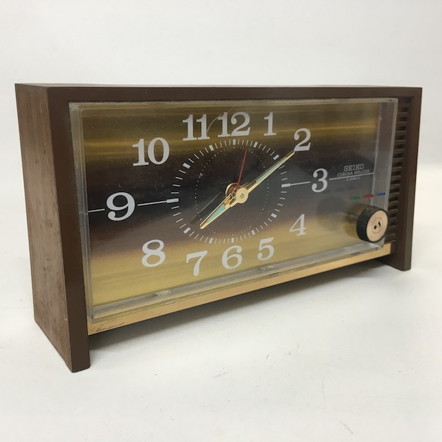 CLOCK, Alarm - Timber w Gold Rectangular Seiko 23cmW